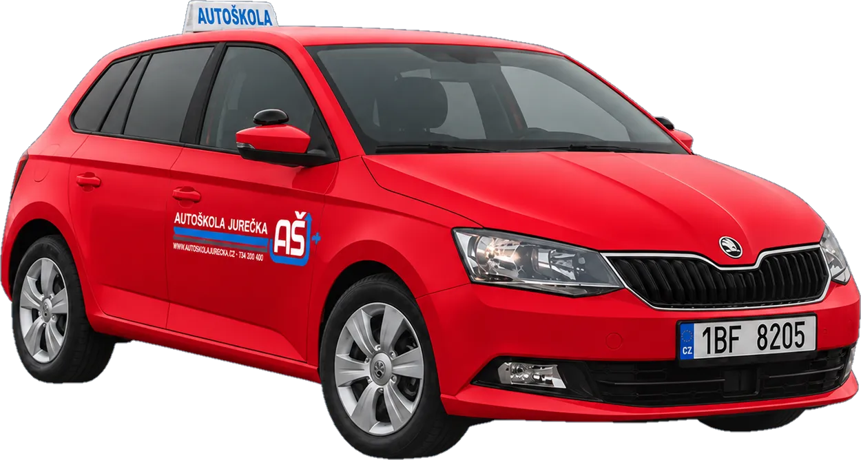Červená Škoda Fabia 3 — výcvikové auto skupiny B Autoškoly Jurečka s polepem AŠ